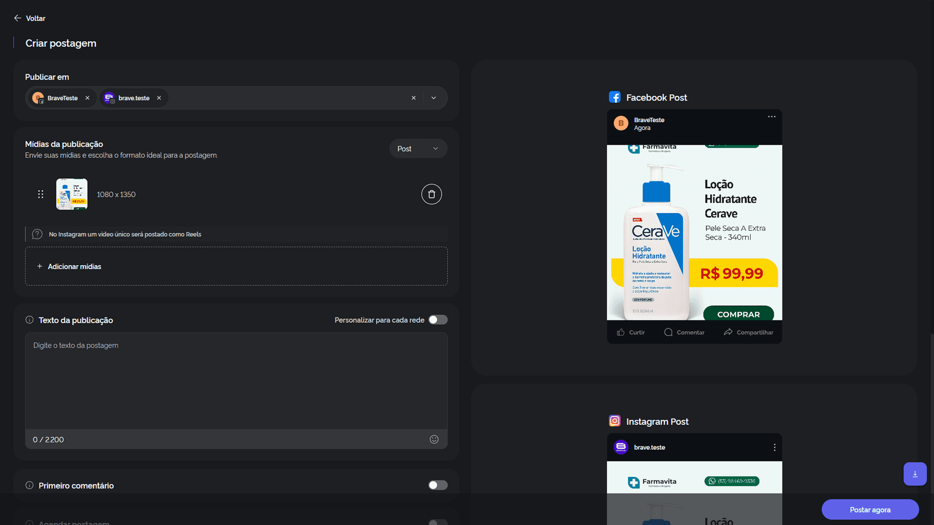 Agendamento de postagens.